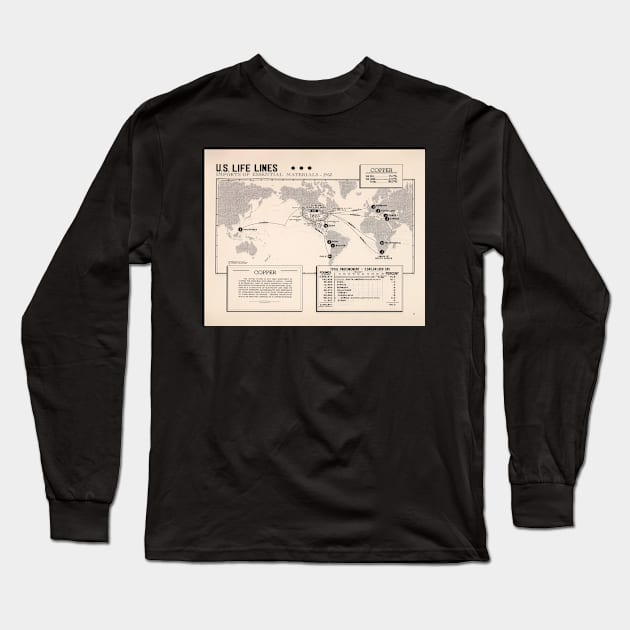 Old US Copper Imports World Map (1954) Vintage Cu Metal Exporting Counties Atlas Long Sleeve T-Shirt by Bravuramedia